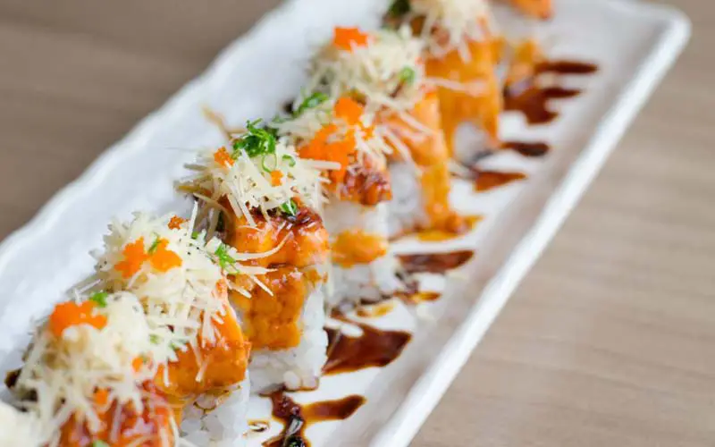 A plate of sushi at a restaurants in CT.