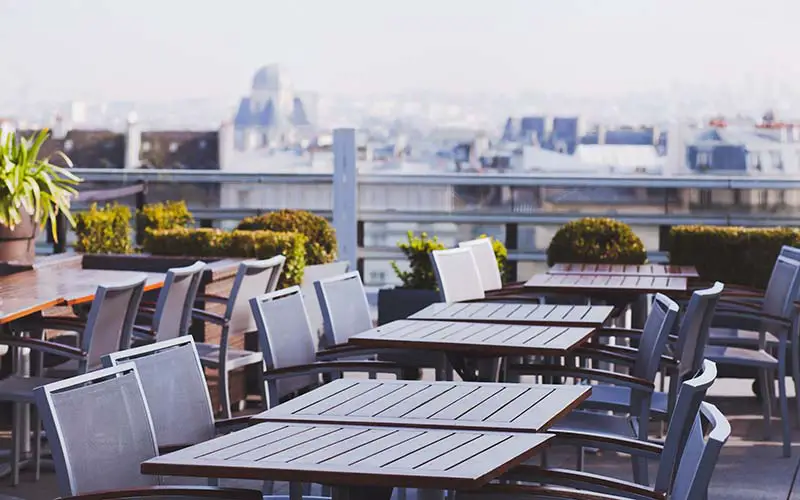 Tables at a rooftop restaurant in CT.